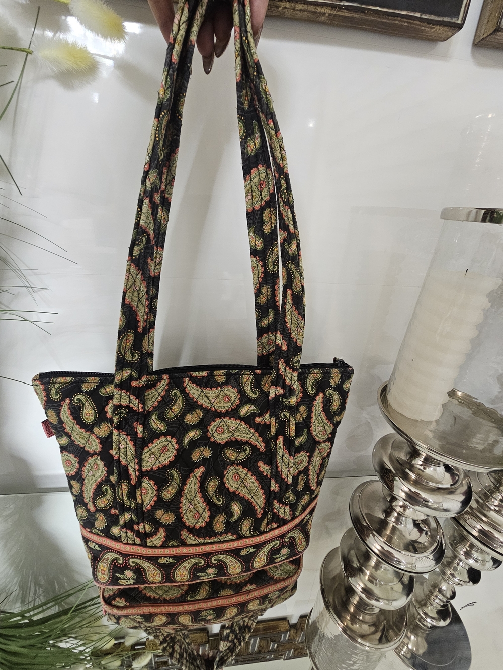 Quilted Paisley Tote Bag in Black with Green and Tan Accents